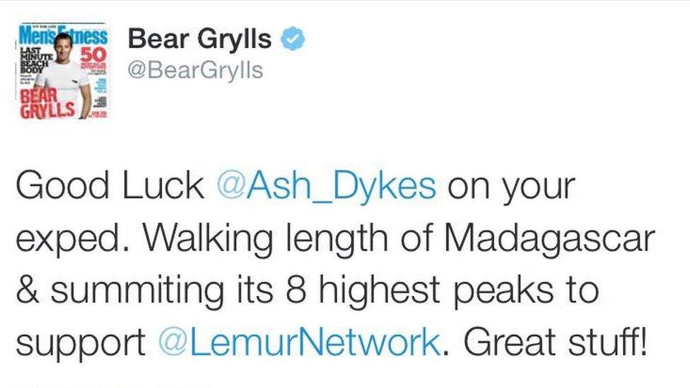 Bear Grylls' tweet wishing Ash Dykes good luck on his trek