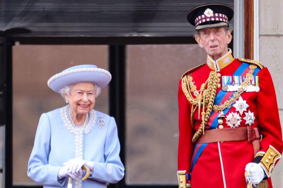 Queen Elizabeth II and Prince Edward, Duke of Kent on the balcony of Buckingham Palace during the Trooping the Colour parade