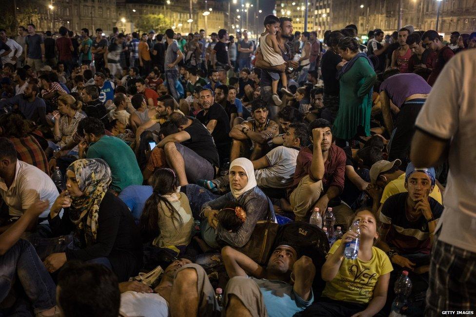 Migrants gather in front of Keleti station in central Budapest on September 1, 2015 in Budapest, Hungary.