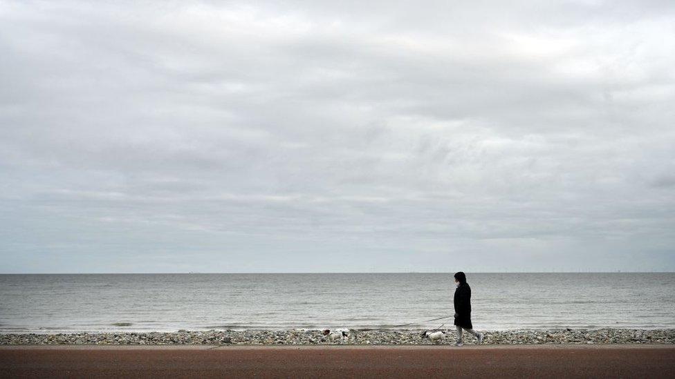 person walking along empty beach