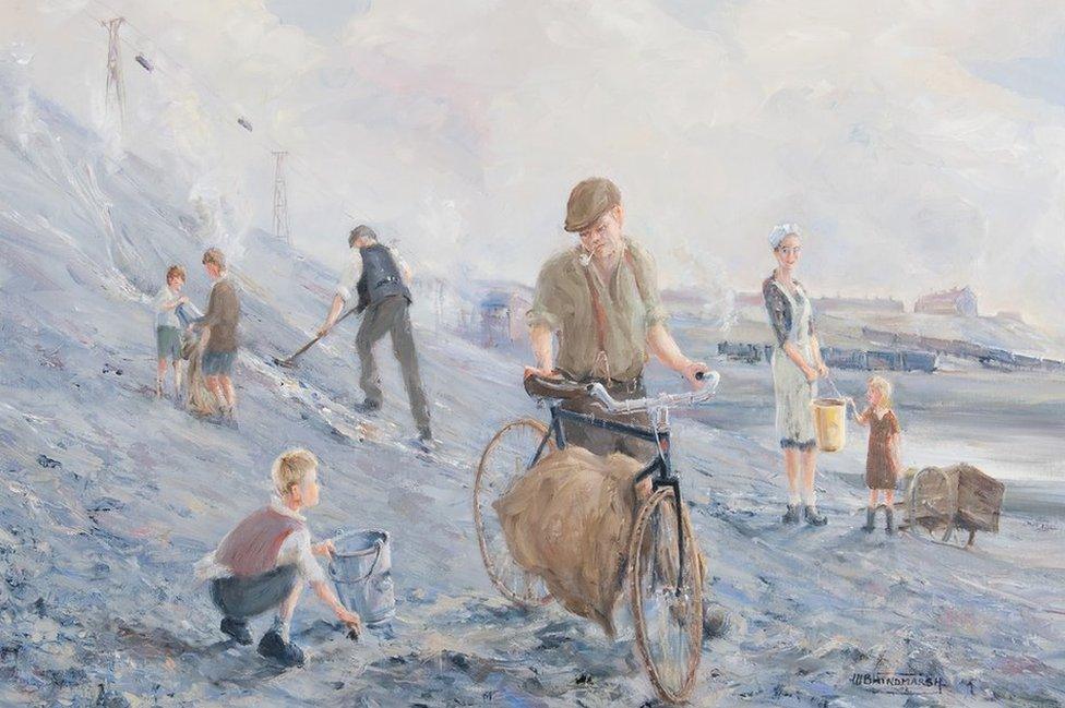 A painting by Bill Hindmarsh showing young children working alongside men and women picking coal