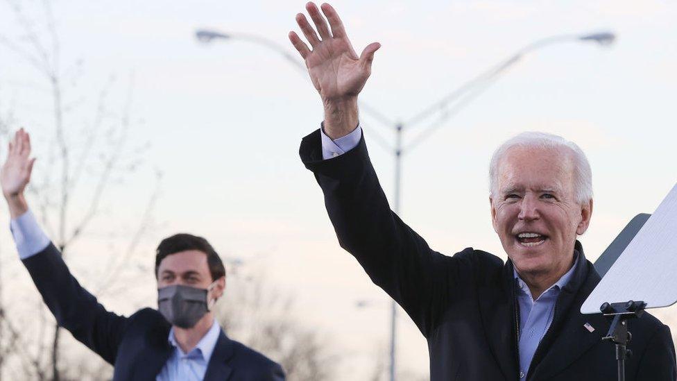 Joe Biden with Jon Ossoff in Center Parc Stadium, Atlanta, Georgia, on 4 January 2020