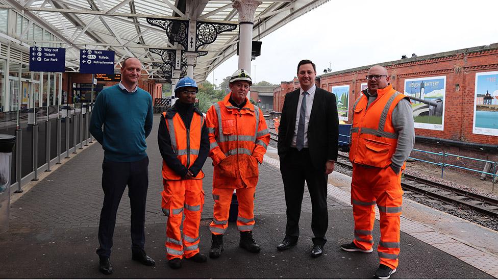 From left, at Hartlepool station, Cllr Shane Moore, Story workers Faheem Majid and Joe Smailes, Tees Valley Mayor Ben Houchen and Scheme Project Manager Chris Ralph