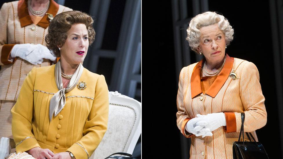 Emma Handy and Marion Bailey as the Queen in Handbagged