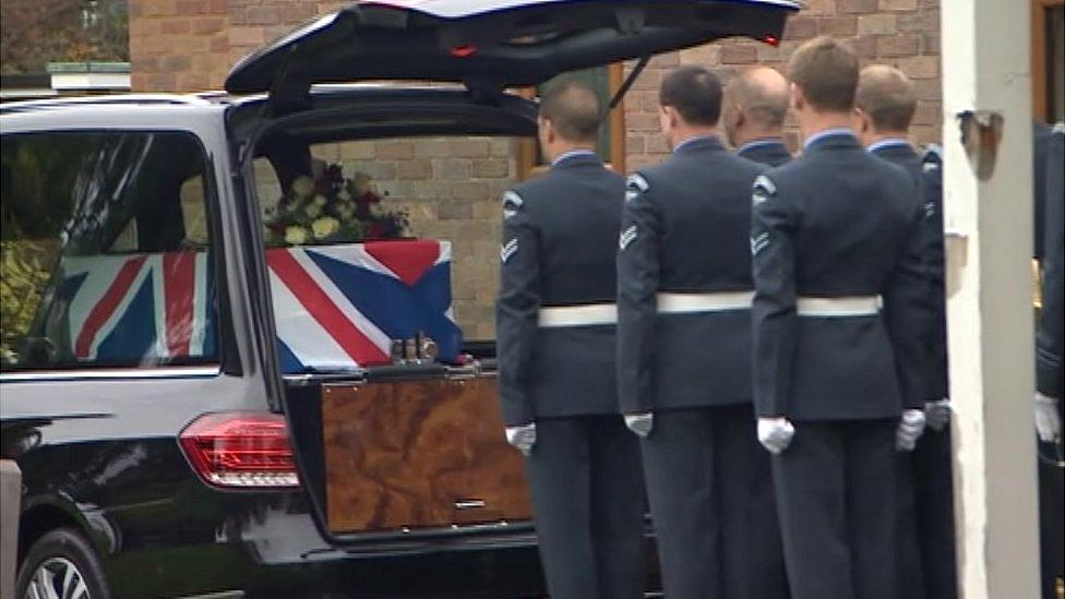 Hearse arrives at the funeral of Ron Smyth