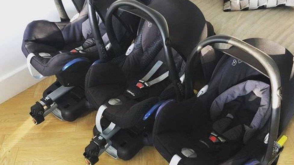 Three car seats for the triplets