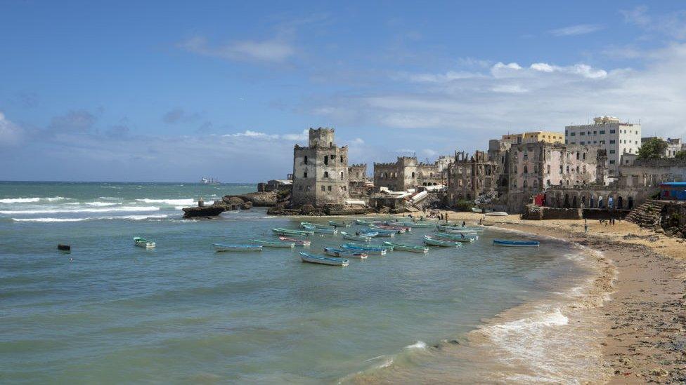 Buildings along the beachfront in Mogadishu, Somalia - 1991