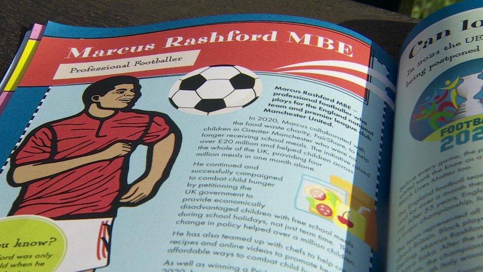 Book page featuring footballer Marcus Rashford