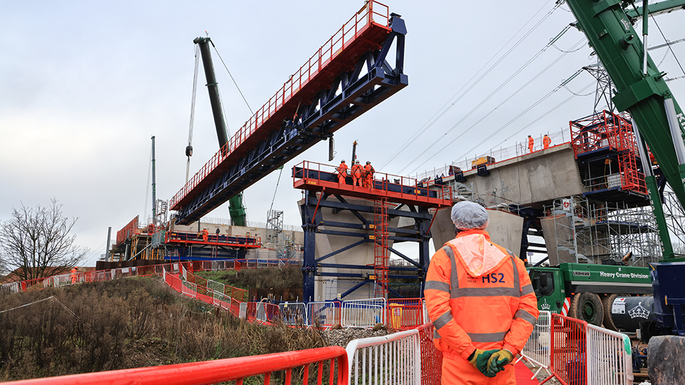 A crane moving parts of the viaduct