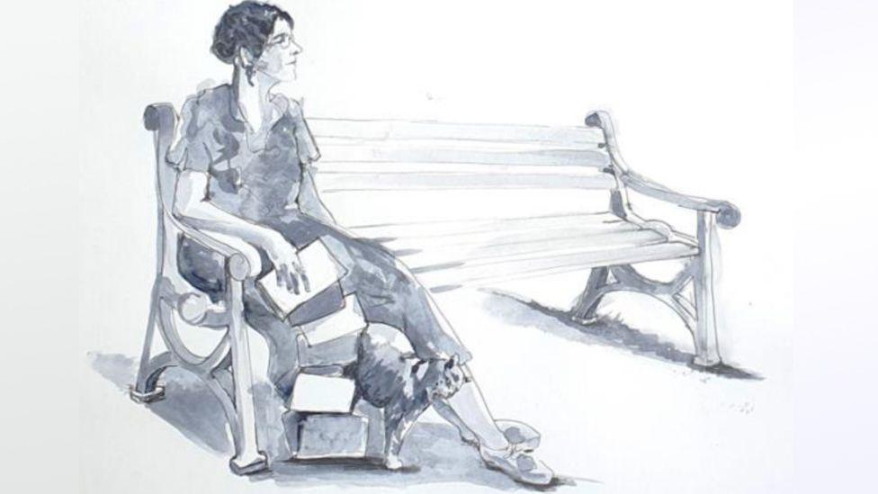 A black and white watercolour sketch of how the statue of Sylvia Townsend Warner might look. She is sitting on one end of a bench with a cat at her feet.