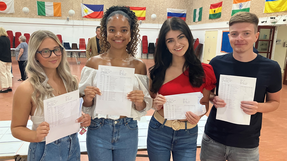 A photo of A-level students getting their results. Three out of four of these students at St Joseph’s Roman Catholic school in Port Talbot are off to university and Isabella (left) has an apprenticeship at an accountancy firm in Cardiff