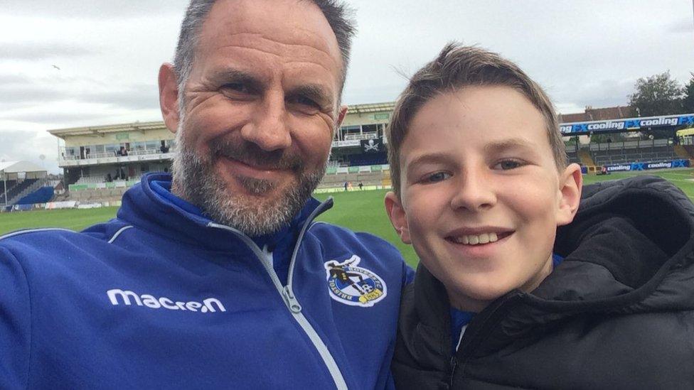 Lee Morgan with his son Jamie, 11, at Bristol Rovers' Memorial Stadium