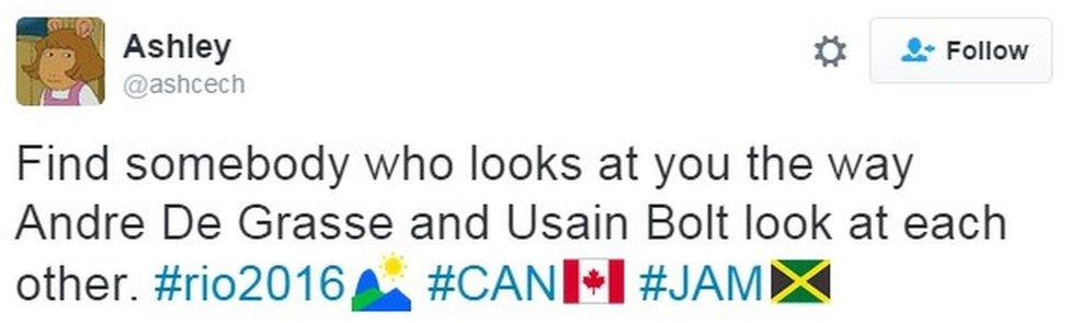 "Find somebody who looks at you the way Andre De Grasse and Usain Bolt look at each other. #rio2016 #CAN #JAM"