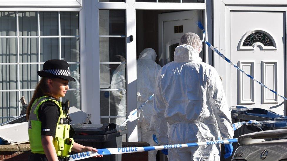 Police and forensics at the scene in Dovey Road, Birmingham