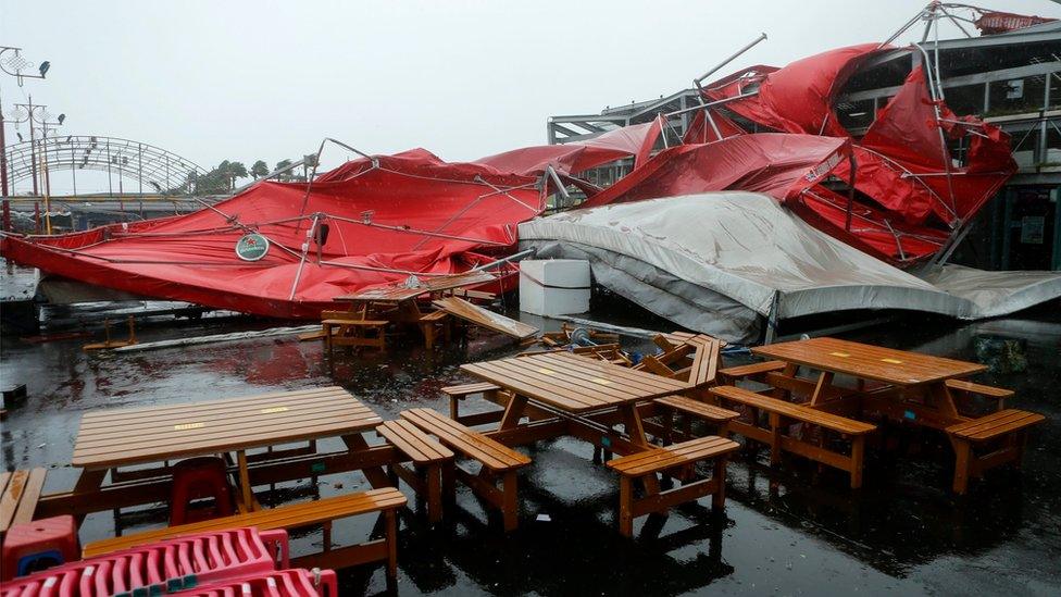 A view of a damaged stage tent as Typhoon Megi hit Hualien county, eastern Taiwan, 27 September 2016.