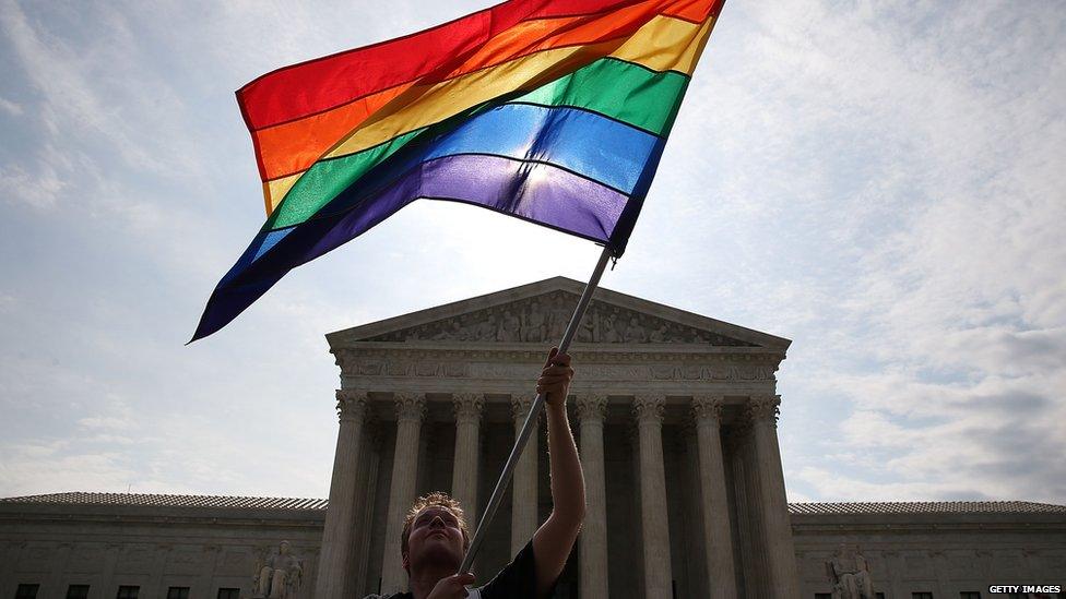 Man waves rainbow flag in front of US Supreme Court building