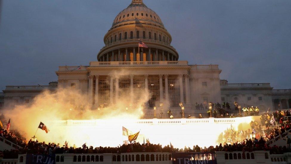 An explosion outside the US Capitol after a mob occupied it in January 2021