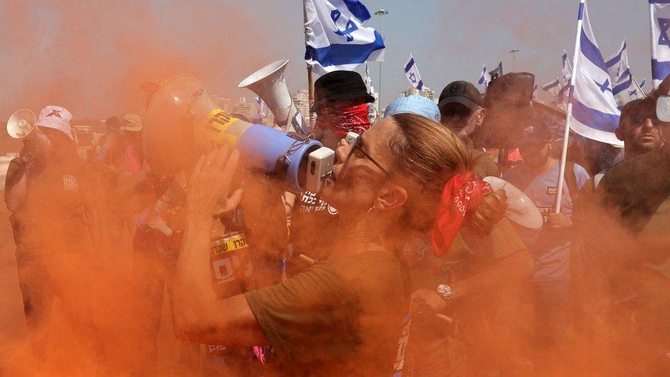 A demonstration ahead of a speech given by Prime Minister Benjamin Netanyahu's in Petah Tikva