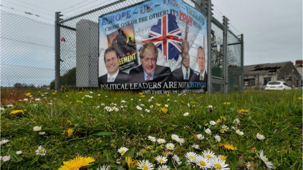 A banner protesting against the Northern Ireland Protocol