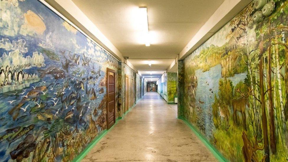 A corridor decorated with murals