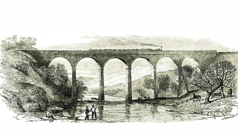 Engraving showing steam train going over viaduct