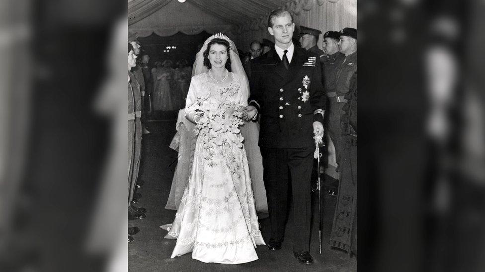 Princess Elizabeth and Prince Philip on their wedding day on 20 November 1947