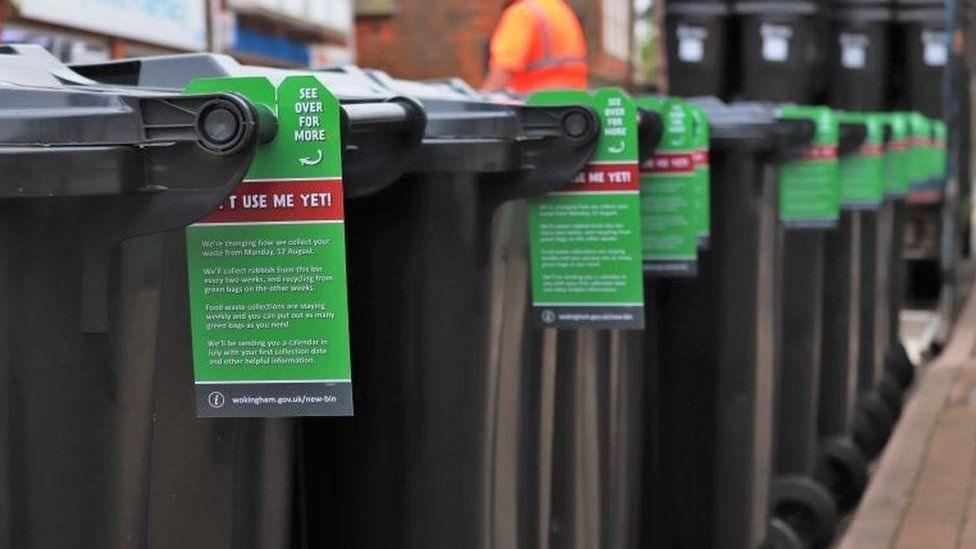 Line of black wheelie bins with green tag showing instructions for new collections