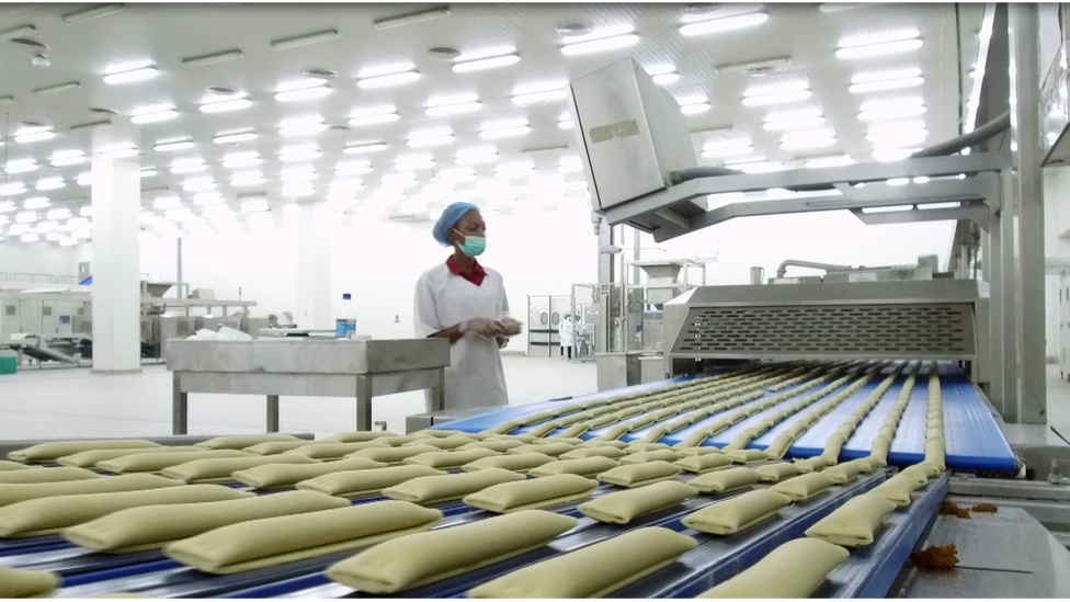 A woman monitoring a machine making sausage rolls in a factory