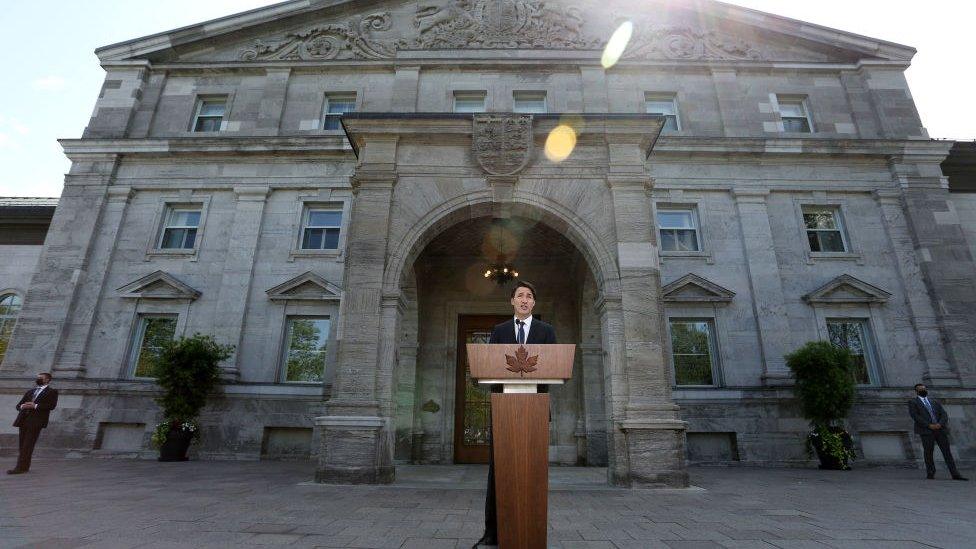 Canada's Prime Minister Justin Trudeau speaks during a news conference at Rideau Hall after asking Governor General Mary Simon to dissolve Parliament