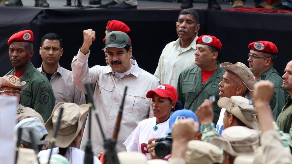 Nicolas Maduro attends a military parade on 'National Bolivarian Militia Day' at Los Proceres in Caracas, Venezuela, on April 13, 2019