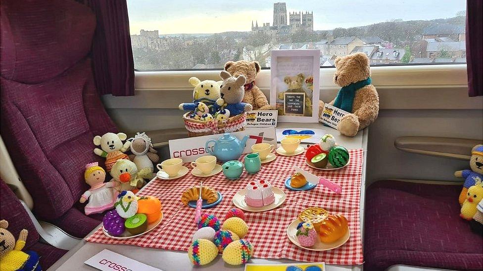 Knitted bears on the on the 0740 train from Newcastle