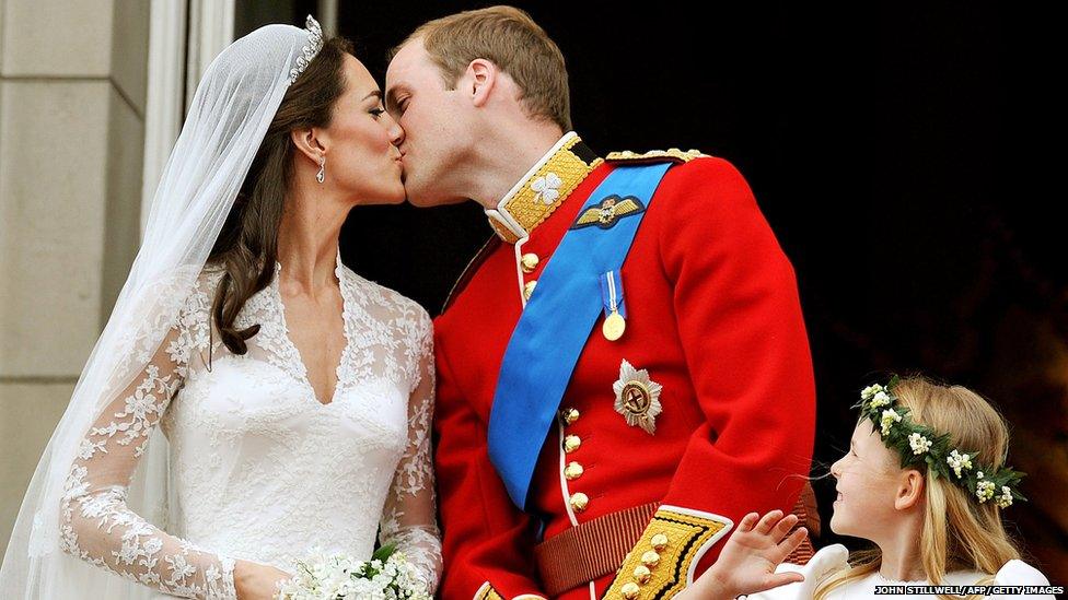 The Duchess and Duke of Cambridge kiss on their wedding day