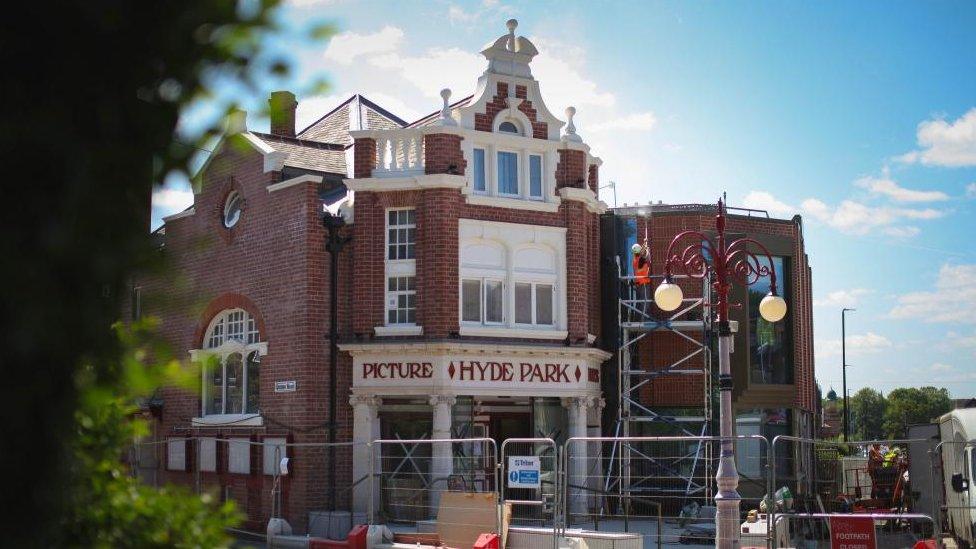 Exterior view of the the Hyde Park Picture House in Leeds during renovation work.