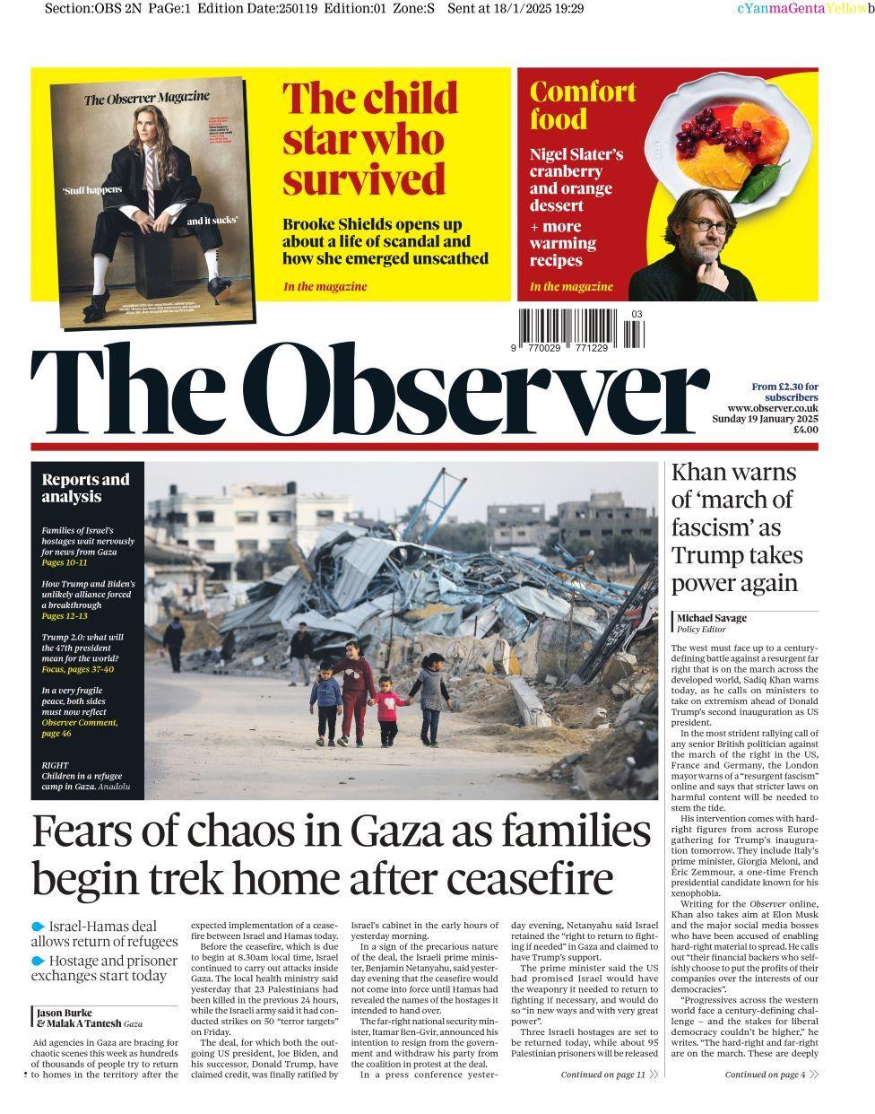 The Observer front page on 19 January 2025