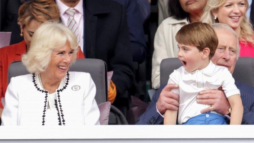 The Duchess of Cornwall laughs with Prince Louis during the Platinum Jubilee Pageant in front of Buckingham Palace, London