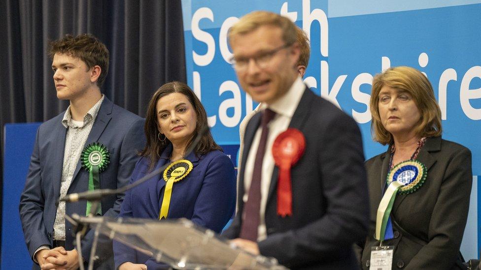 SNP candidate Katy Louden (second left) looks after Labour's Michael Shanks wins the Rutherglen and Hamilton West by-electio