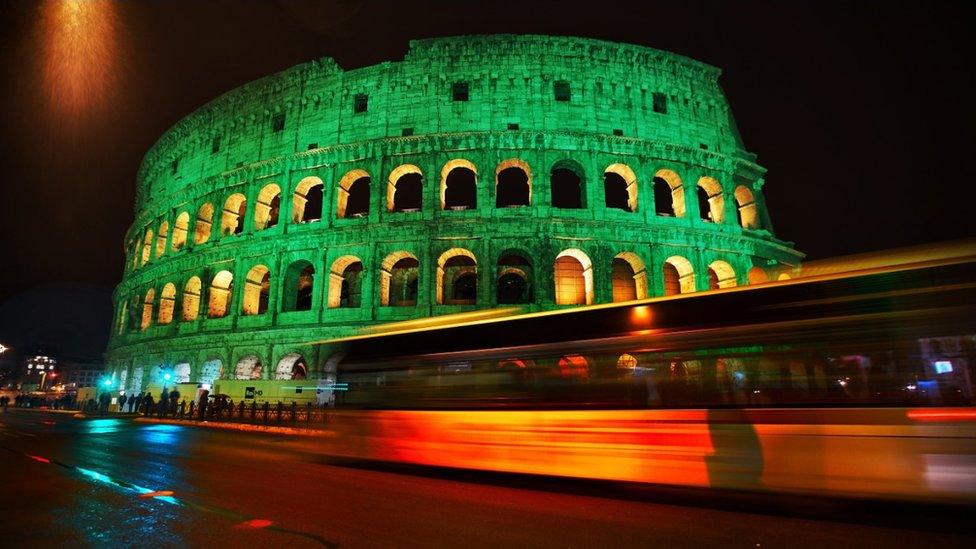 The Colosseum in Rome looked resplendent in green