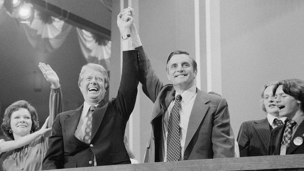 Jimmy Carter (2nd left) and Walter Mondale (3rd left) at New York's Madison Square Gardens in 1976