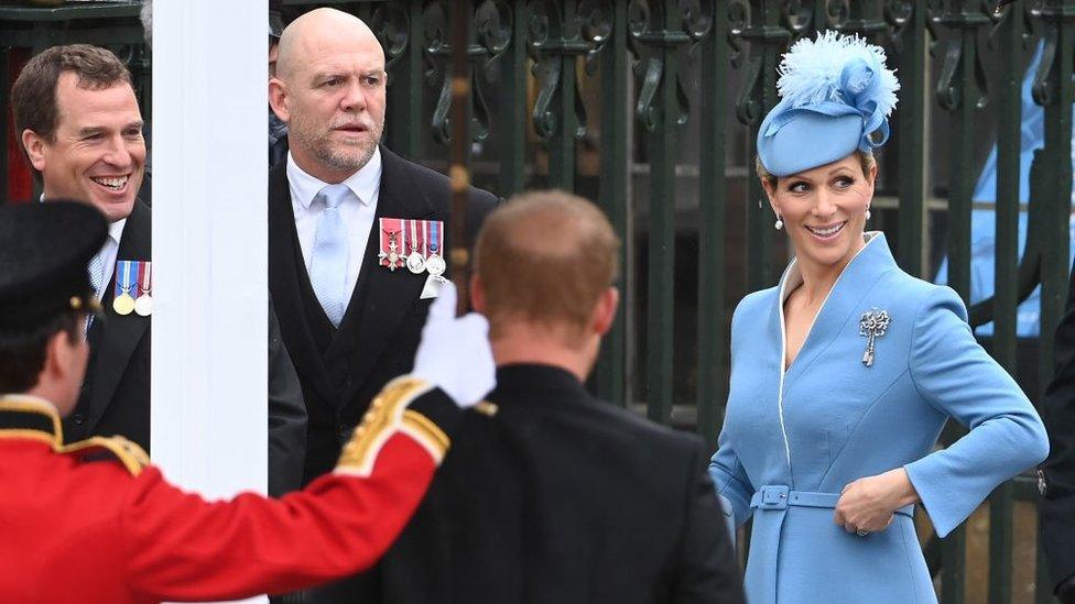 Zara and Mike Tindall and her brother Peter Phillips