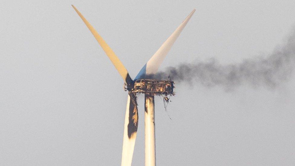 Wind turbine on fire at Thorney, near Peterborough