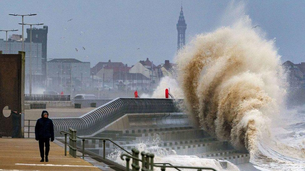 Waves crashing on the seafront at Blackpool before Storm Dudley hits the north of England/southern Scotland from Wednesday night into Thursday morning, closely followed by Storm Eunice, which will bring strong winds and the possibility of snow on Friday. Picture date: Wednesday February 16, 2022. PA Photo. The Met Office has issued an amber weather warning for Wednesday evening for strong winds, covering southern Scotland, northern England and part of Northern Ireland, with a wider area covered by a yellow warning.