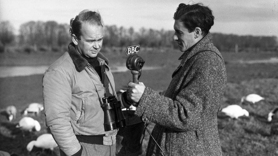 Peter Scott being interviewed by the BBC's Desmond Hawkins in 1947