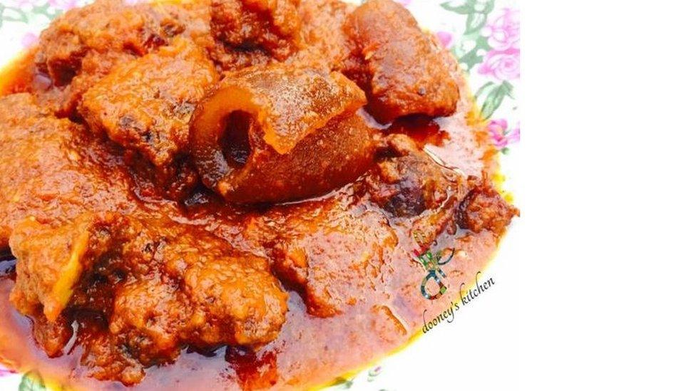 Plate of beef stew made with tatashe (bell peppers)