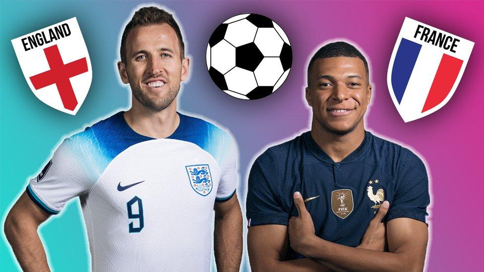 Harry Kane of England and Kylian Mbappe of France