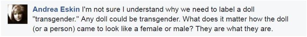 Andrea Eskin: I'm not sure I understand why we need to label a doll "transgender." Any doll could be transgender. What does it matter how the doll (or a person) came to look like a female or male? They are what they are.