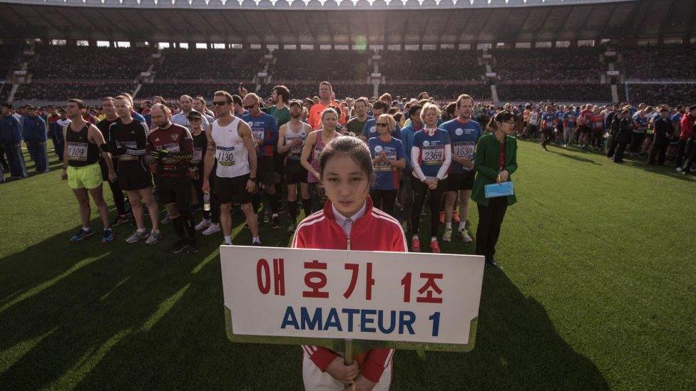 Foreign runners prepare for the Pyongyang marathon