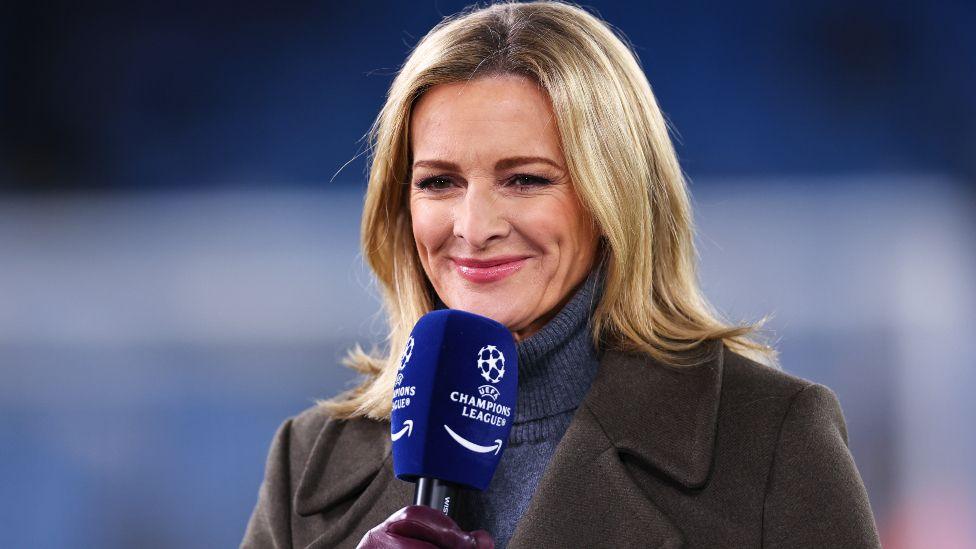 Gabby Logan working as a presenter for Amazon Prime during the UEFA Champions League 2024/25 League Phase MD5 match between Manchester City and Feyenoord at City of Manchester Stadium on November 26, 2024 in Manchester, England