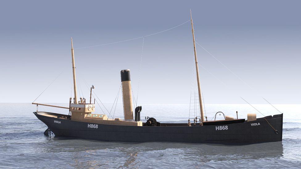 The Virtual Viola ship is a computer generated image, it shows a black hulled trawler with the ships name and H868 number on the side. There is a central brown funnel, two masts and superstructure all in light brown.