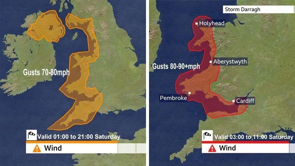 Two maps of the UK side by side. The left one shows an amber wind warning covering parts of Northern Ireland and the west coast of England, Wales and Scotland. It has text on it to suggest wind gusts can reach up to 80mph. The right one shows a red wind warning covering western Wales, with gusts saying speeds will reach 90mph.