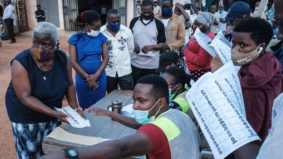 Voters lining up at a polling station in Kampala, Uganda.